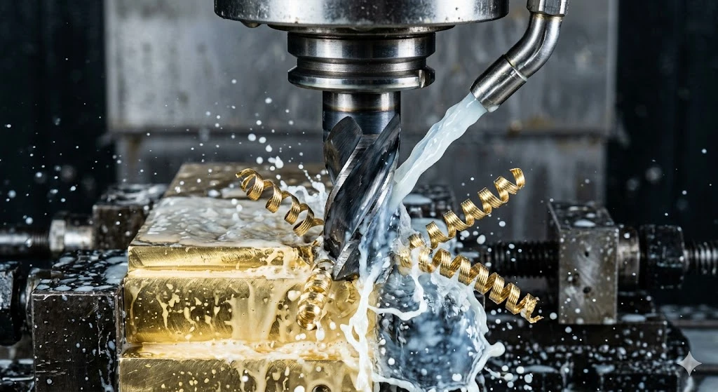 Macro view of a professional CNC milling process demonstrating precise chip control on brass material. Macro view of a professional CNC milling process demonstrating precise chip control on brass material.