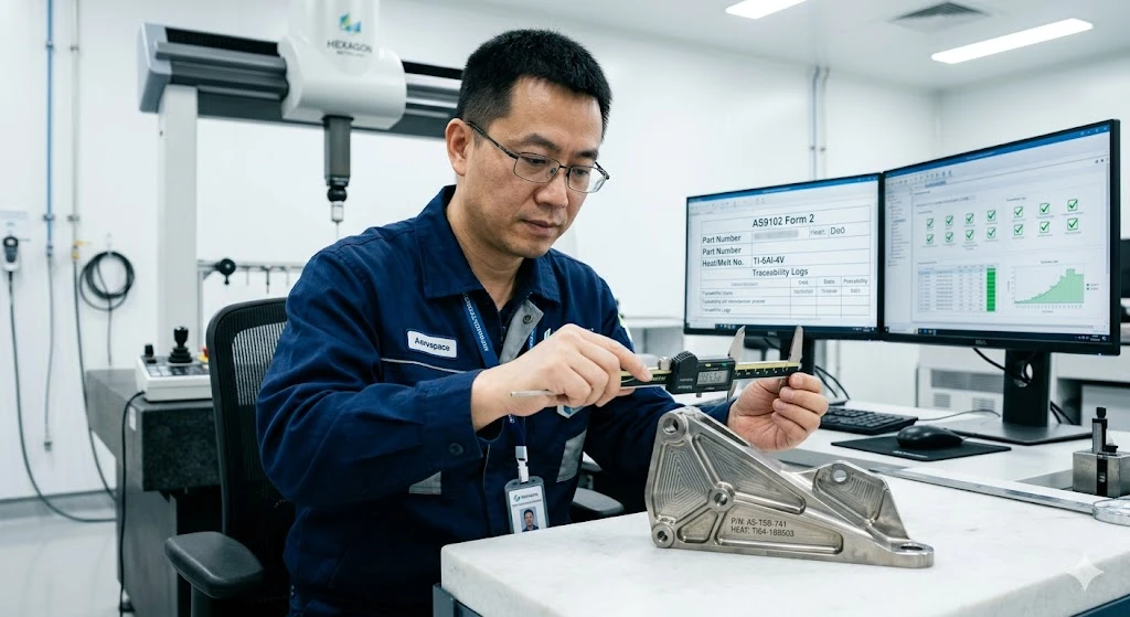 Chinese quality engineer inspecting a CNC machined aerospace structural bracket next to a CMM for AS9102 FAI compliance. Chinese quality engineer inspecting a CNC machined aerospace structural bracket next to a CMM for AS9102 FAI compliance.