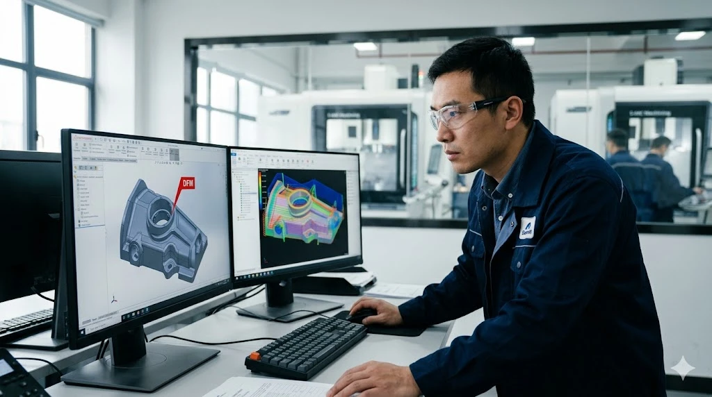 Chinese manufacturing engineer conducting a DFM review on a complex 3D CAD model of an aluminum component Chinese manufacturing engineer conducting a DFM review on a complex 3D CAD model of an aluminum component