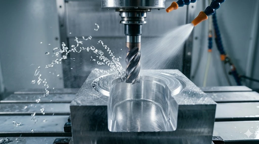 Prompt: A high-end 5-axis CNC machining center with its enclosure door open, revealing a sparkling clean interior. Through-spindle high-pressure coolant nozzles are aimed precisely at a cutting tool. In the soft-focused background, a professional Chinese technician is monitoring the CNC control panel screen showing real-time feed rates and spindle speeds. Bright, modern, ultra-clean manufacturing environment. --ar 16:9 Prompt: A high-end 5-axis CNC machining center with its enclosure door open, revealing a sparkling clean interior. Through-spindle high-pressure coolant nozzles are aimed precisely at a cutting tool. In the soft-focused background, a professional Chinese technician is monitoring the CNC control panel screen showing real-time feed rates and spindle speeds. Bright, modern, ultra-clean manufacturing environment. --ar 16:9