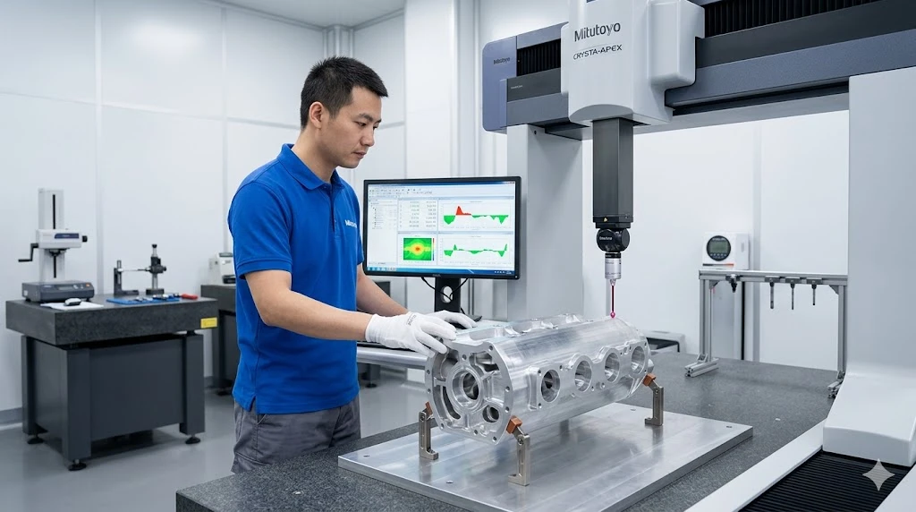 A Chinese quality engineer inspecting a precision machined aluminum component using a coordinate measuring machine in a temperature-controlled lab. A Chinese quality engineer inspecting a precision machined aluminum component using a coordinate measuring machine in a temperature-controlled lab.