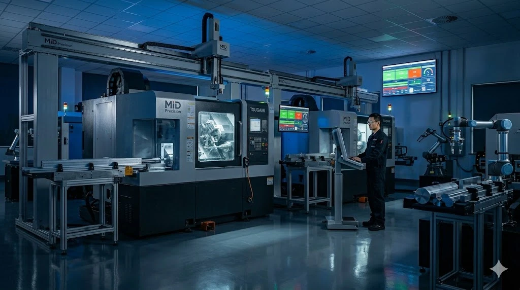 An automated lights-out CNC machining cell featuring robotic arms and rows of advanced high-volume milling equipment. An automated lights-out CNC machining cell featuring robotic arms and rows of advanced high-volume milling equipment.