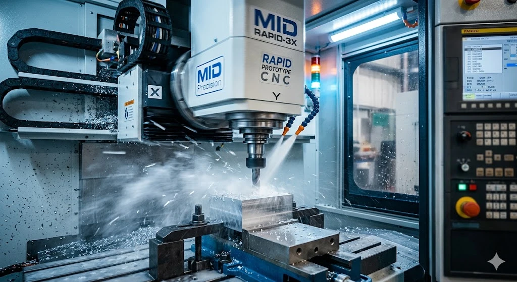 High-speed CNC machine milling an aluminum prototype part in a professional workshop.