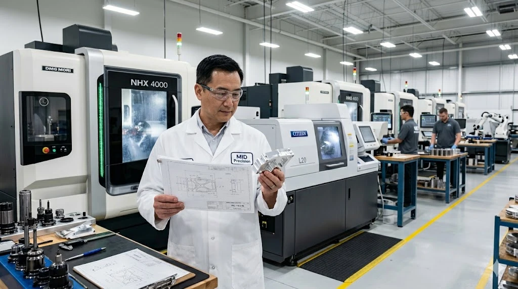 Engineer reviewing technical drawings and precision CNC machined parts on the shop floor