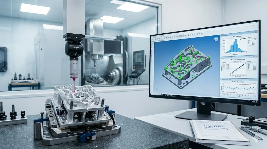 CMM machine performing precision quality inspection on a CNC machined part with statistical data CMM machine performing precision quality inspection on a CNC machined part with statistical data