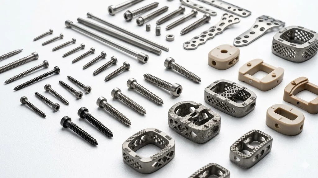 Precision machined titanium and PEEK medical device components like orthopedic implants and bone screws
