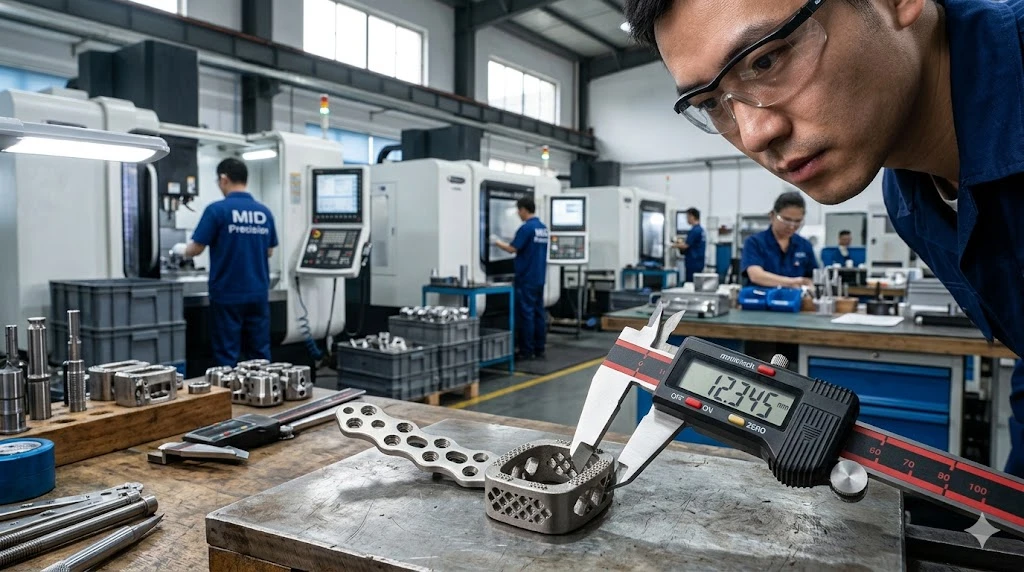 Chinese engineer verifying precision CNC machined part dimensions on the shop floor