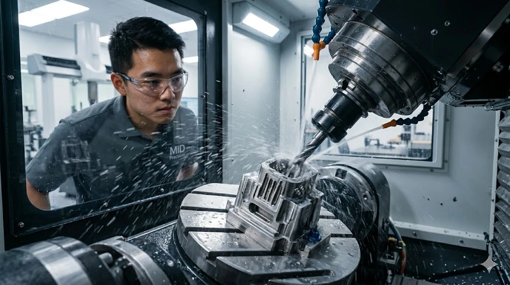Technician monitoring simultaneous 5-axis CNC machining of complex aerospace components