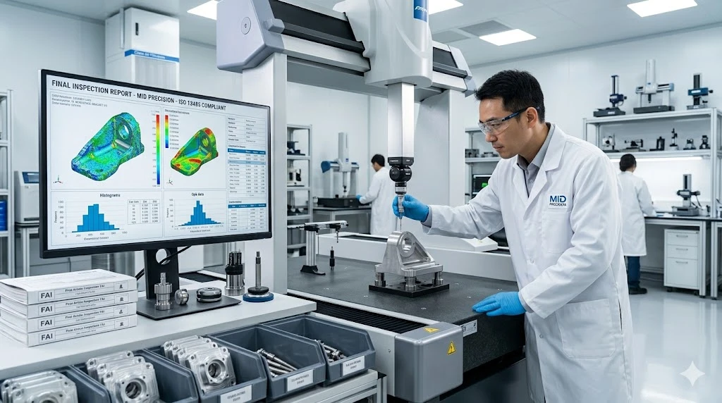 Quality inspector using CMM machine to verify precision CNC parts with statistical data