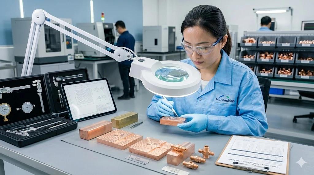 Chinese quality inspector performing final deburring and surface inspection on copper CNC parts