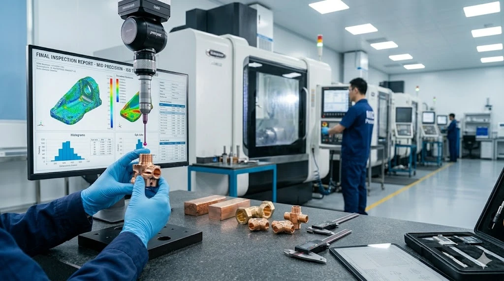 Chinese engineer verifying the tolerance of a complex copper electrical connector using precision tools