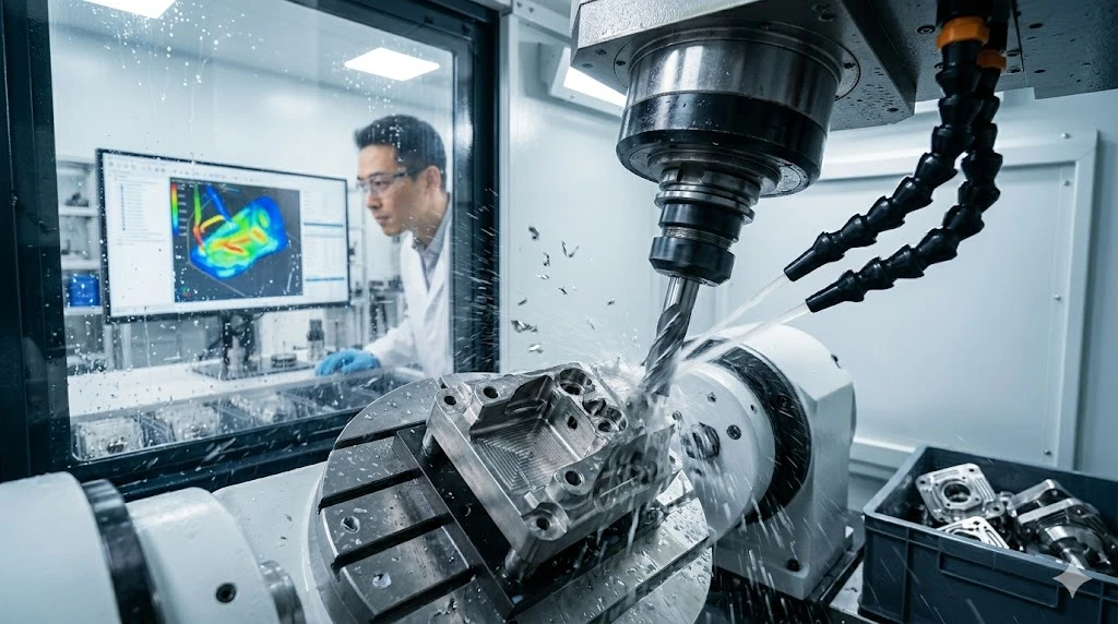Chinese technician monitoring 5-axis CNC machining of a complex titanium medical component Chinese technician monitoring 5-axis CNC machining of a complex titanium medical component