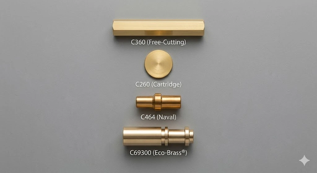 A curated display of various brass alloy parts including C360, C260, and lead-free Eco-Brass samples.
