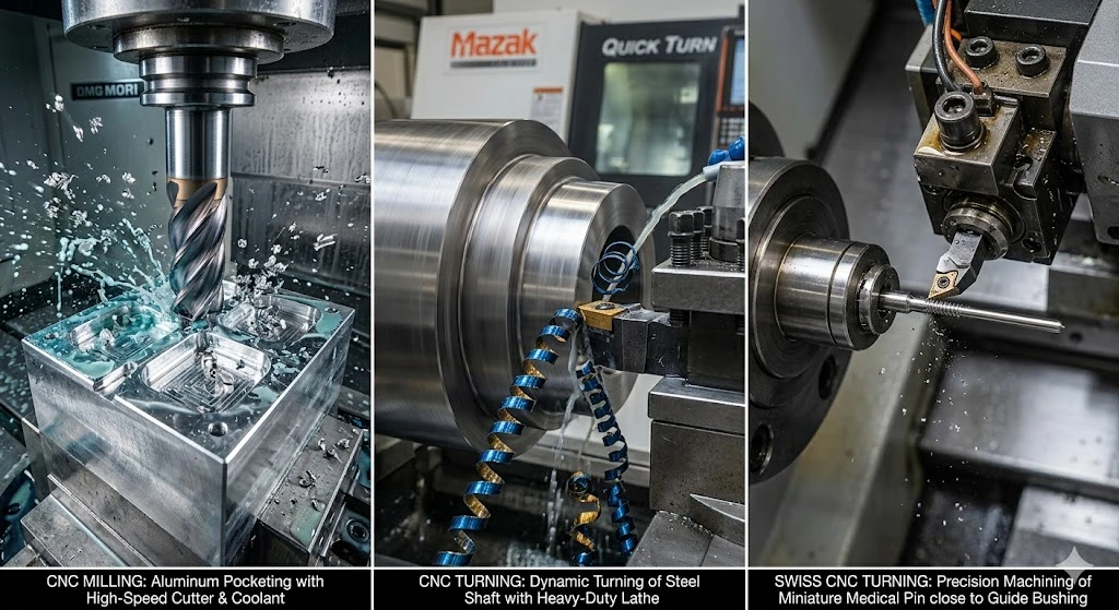 A visual comparison of three common CNC operations: milling complex pockets, turning steel shafts, and Swiss turning precision miniature parts.