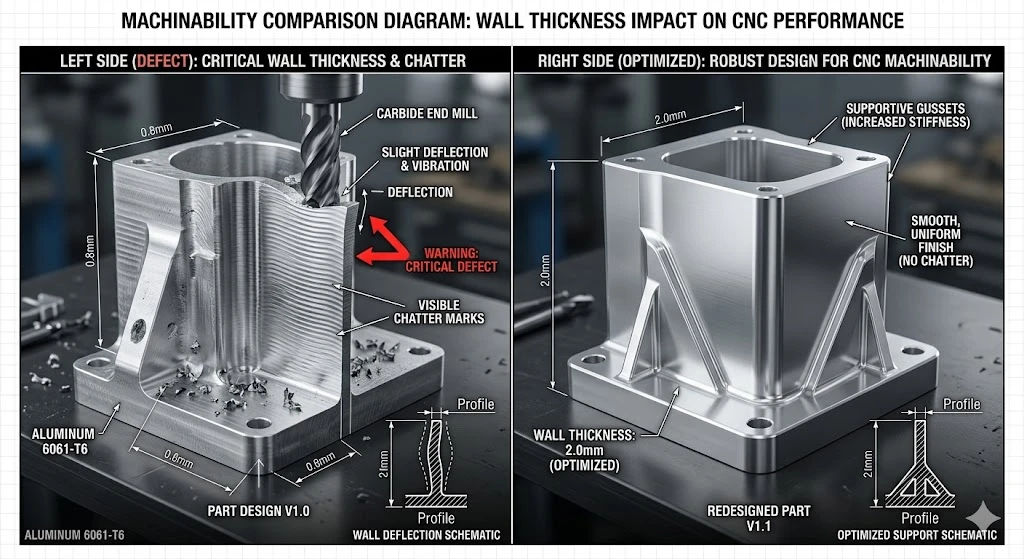 Technical diagram comparing chatter marks on a thin-walled CNC machined part with a dimensionally stable, optimized thick-walled design.