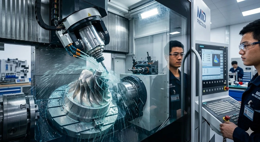 A premium 5-axis CNC machine carving a complex titanium aerospace turbine blade from a solid block in a single setup.
