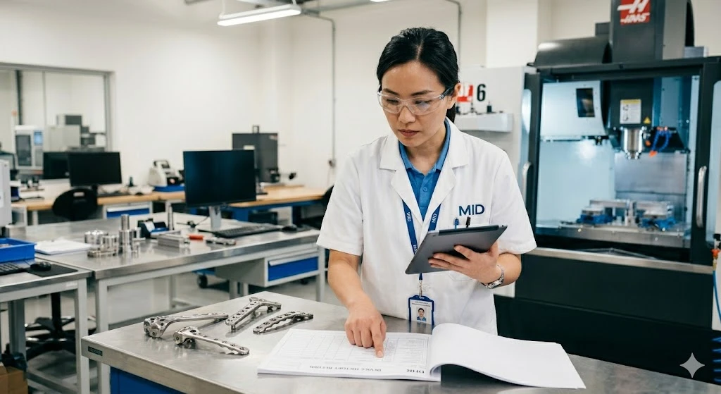 A Chinese quality assurance manager reviewing a Device History Record for medical device compliance in a clean inspection room.