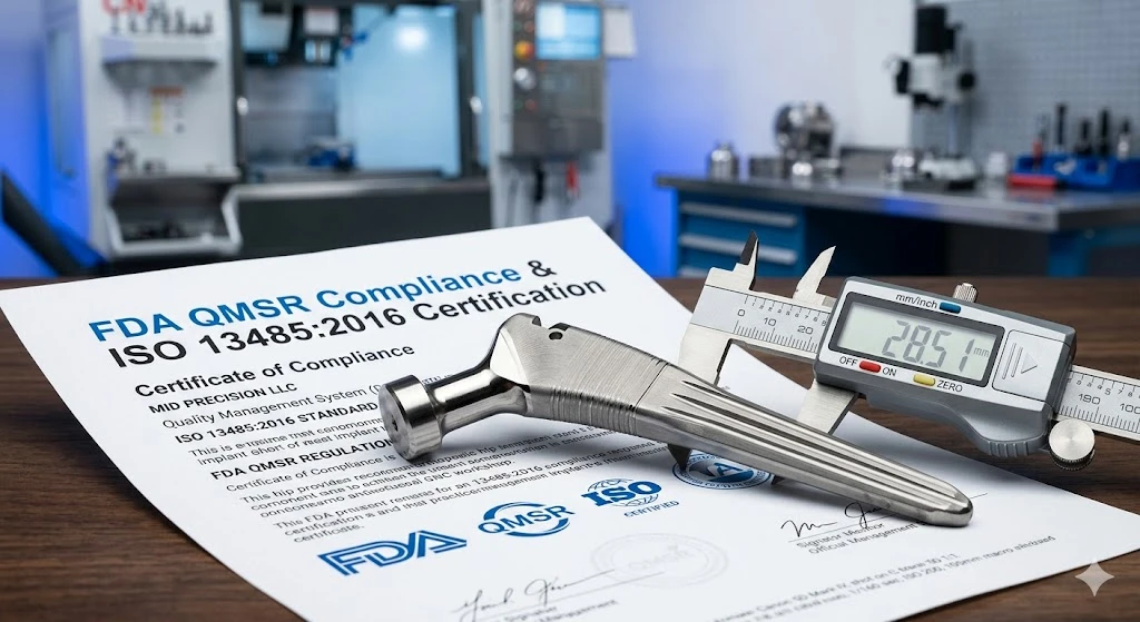 A CNC machined titanium orthopedic implant component presented alongside FDA QMSR and ISO 13485 compliance documentation.