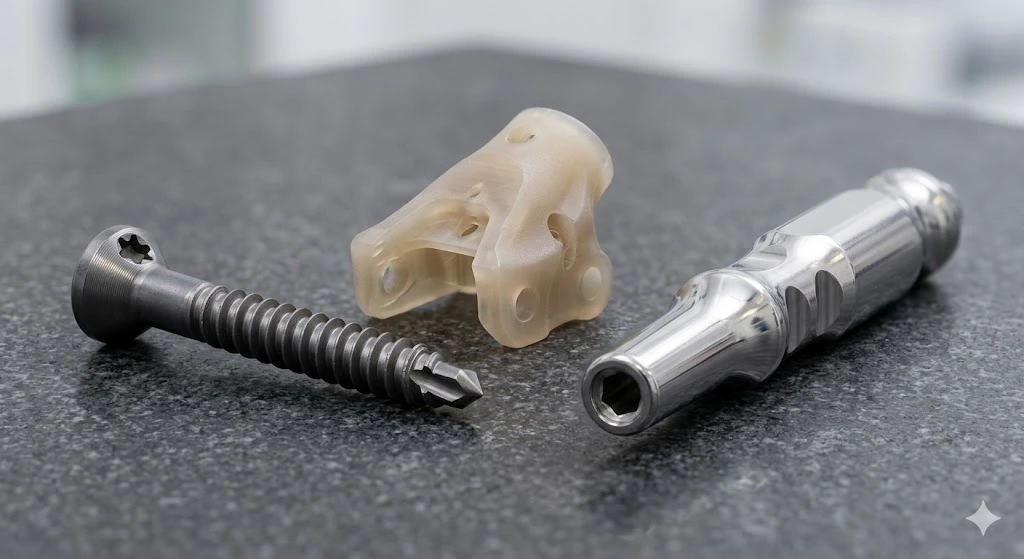 A collection of medical grade CNC machined parts including a titanium bone screw, a stainless steel surgical handle, and a PEEK component.