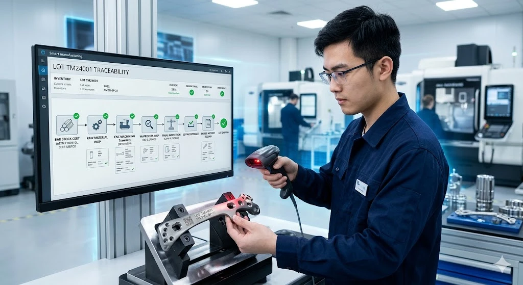 A Chinese manufacturing engineer scanning a machined medical component to verify lot traceability and material certification within a QMS system.