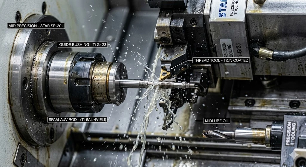 A high-precision Swiss CNC turning center machining a miniature titanium fixation pin for medical device applications.