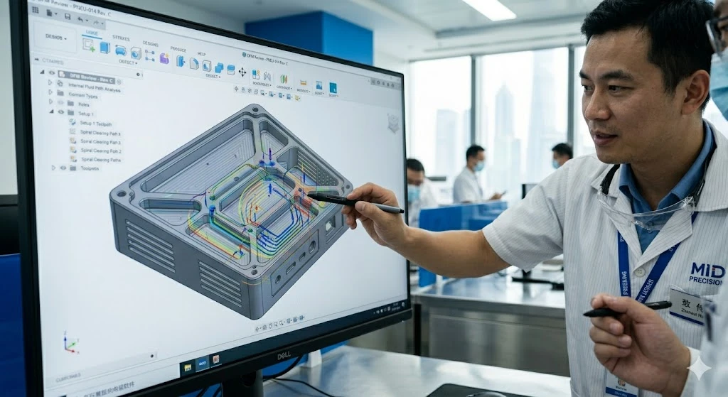 A Chinese manufacturing engineer performing a DFM review on a CAD model of a complex manifold block.