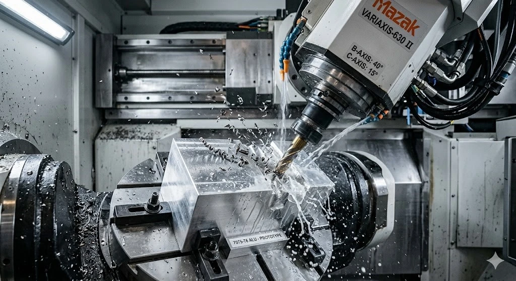 A 5-axis CNC machine milling a structural low-volume prototyping component from a solid block of 7075-T6 aluminium.