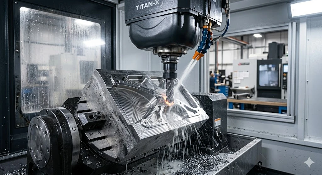 5-axis CNC milling machine cutting a complex titanium Ti-6Al-4V aerospace part with high-pressure coolant.