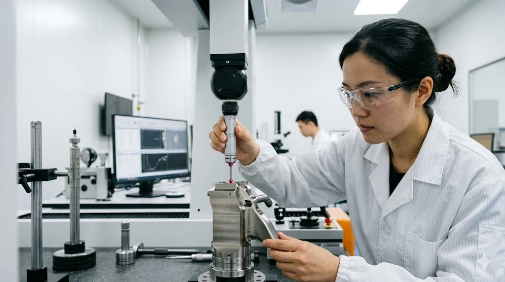 A quality control engineer using a multi-axis coordinate measuring machine to inspect precision medical device components