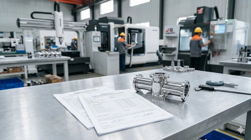 A completed precision CNC machined part presented with its traceable AS9102 first article inspection documentation package