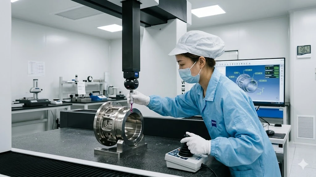 A Chinese quality inspector using a coordinate measuring machine to inspect the concentricity of a precision aerospace bore