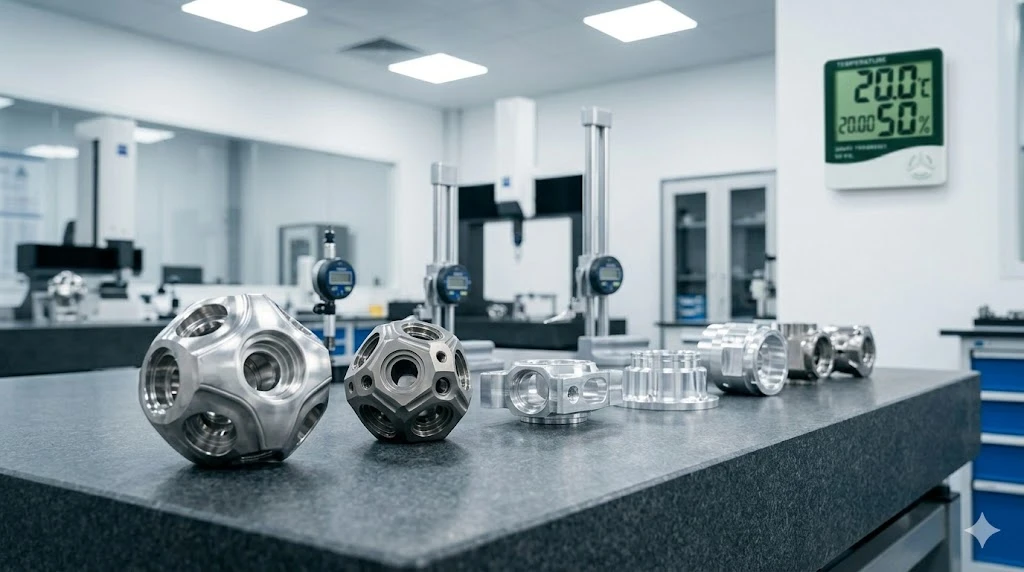 Precision CNC machined parts stabilizing on a granite surface plate inside a 20 degrees Celsius climate-controlled room