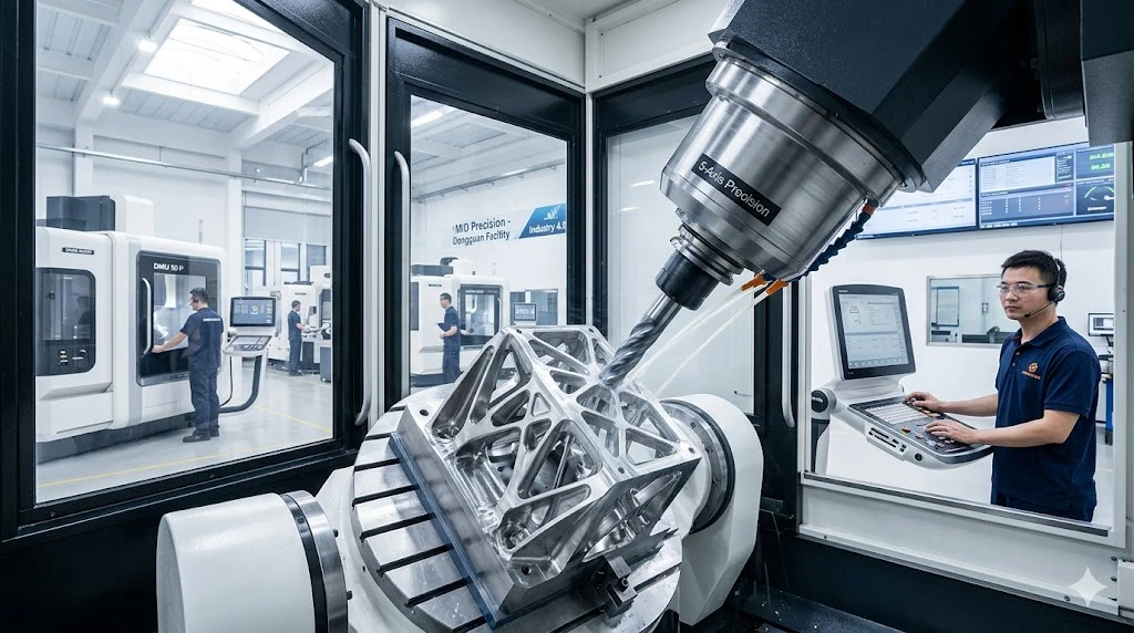 Advanced simultaneous 5-axis CNC machining center processing a complex aerospace component with thin walls.